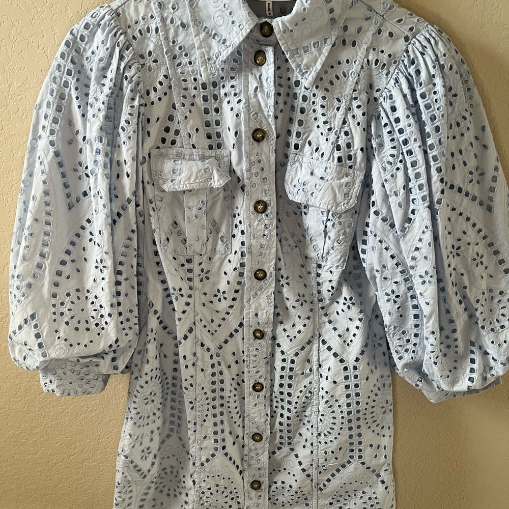 Ganni Women’s Blue Balloon-Sleeve Broderie Anglaise Mini Shirt Dress 100% Cotton - Picture 9 of 16
